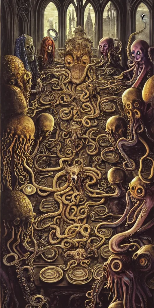 Image similar to group of mages with human bodies and octopus heads sitting near the table with magical artifacts in an ancient mage castle with enormous scale, gothic and baroque, brutalist architecture, ultradetailed, Intricate by John Howe and Josan Gonzalez and James Jean and Giuseppe Arcimboldo