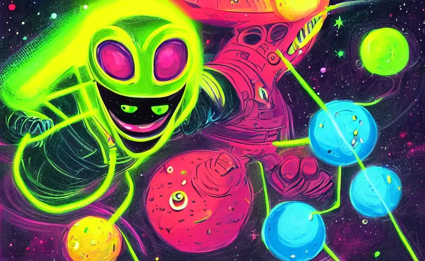 Prompt: alien tennis ball monsters in space, colorful neon, digital art, fantasy, magic, chalk, trending on artstation, ultra detailed, professional illustration by basil gogos
