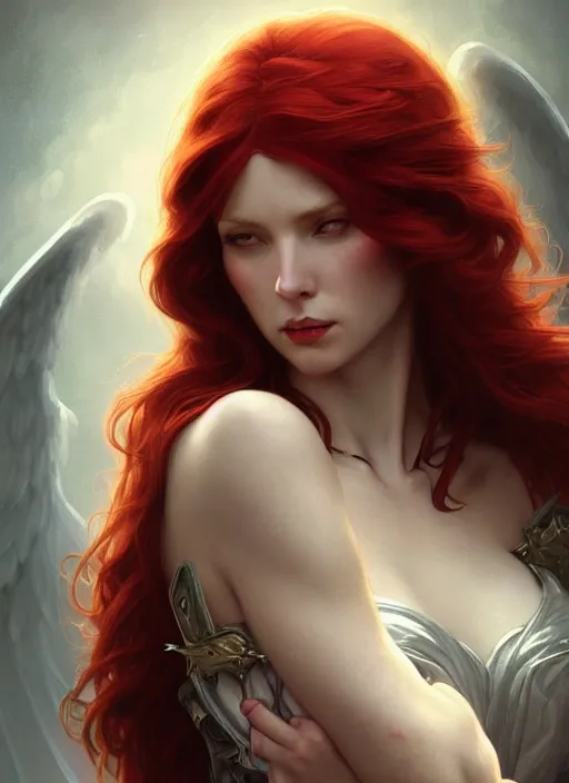 Image similar to a beautiful red haired woman as the angel of death, deep focus, d & d, fantasy, intricate, elegant, highly detailed, digital painting, artstation, concept art, matte, sharp focus, illustration, hearthstone, art by artgerm and greg rutkowski and alphonse mucha