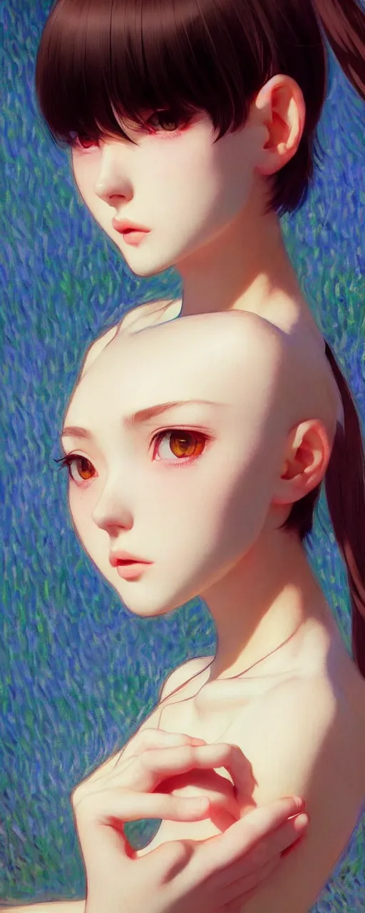 Prompt: a beautiful youth teenage depressed ocd psychotic popular girl in school struggling with morbid thoughts realized, angry eyes, soft skin, magnificent art by ilya kuvshinov, claude monet, range murata, artgerm, norman rockwell, highly detailed intricately sharp focus, bedroom eyes trending on pinterest, tiktok 4 k uhd image