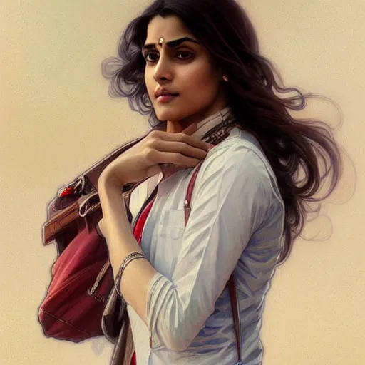 Image similar to Anxious good looking pale young Indian doctors wearing American clothes at the airport, portrait, elegant, intricate, digital painting, artstation, concept art, smooth, sharp focus, illustration, art by artgerm and greg rutkowski and alphonse mucha