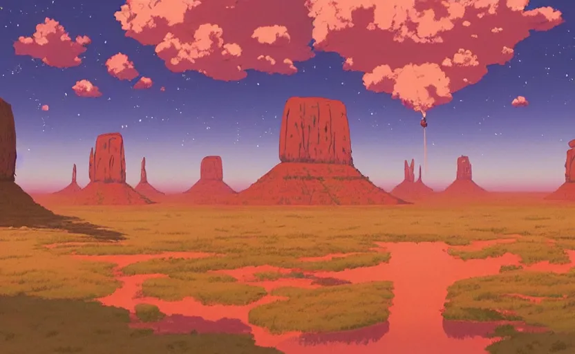 Prompt: a realistic cell - shaded studio ghibli concept art from paprika ( 2 0 0 6 ) with very dull muted colors. a multi - colored cube ufo from close encounters of the third kind ( 1 9 7 7 ) hovers in the sky over a flooded monument valley stonehenge on a misty starry night. very dull colors, hd, 4 k, hq