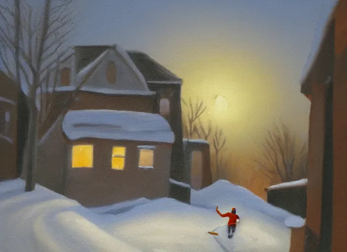 Prompt: painting depicting a man running away from a small house with one bright window. snowy. night. oil painting.