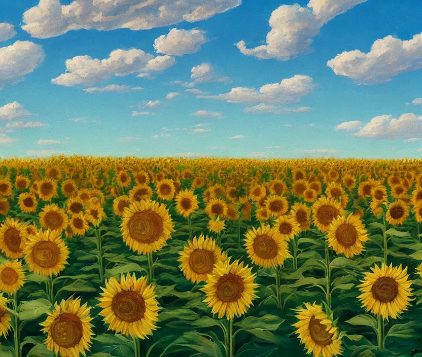 Prompt: a very detailed painting of a sunflower field, baby blue sky with very aesthetic stylized clouds, there is an ad billboard on the field, cows are on the field, an ufo is in the air, the ufo beams up a cow with a green light beam, in the style of edward hopper and hugo pondz, very fine brushstrokes, 4 k,