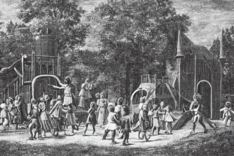 Image similar to a very old photo of kids having fun at playground in medieval times