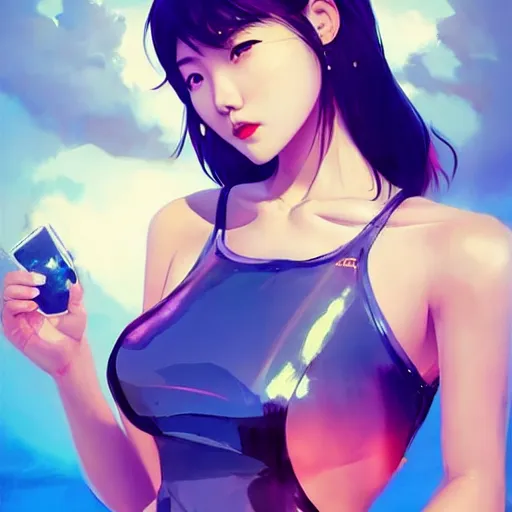 Image similar to a beautiful young korean kpop star constance wu alluring revealing instagram model in elaborate latex tank top, by guweiz and vargas and wlop and ilya kuvshinov and artgerm and, aesthetic, gorgeous, stunning, alluring, attractive, artstation, deviantart, pinterest, digital art