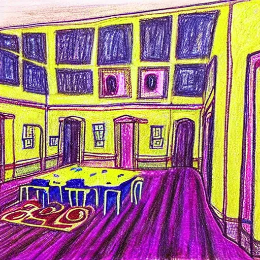 Prompt: “ child ’ s crayon drawing of the overlook hotel interior ”