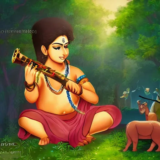 Prompt: Young Krishna playing flute in forest and all animals listen his melodious music , Zoom out ,anime style, artstation, devainart ,illustration, scenery,