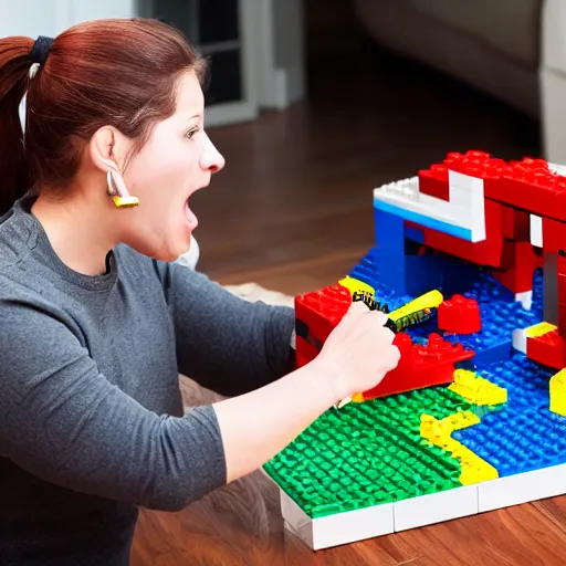 Image similar to Angry woman destroying a lego set