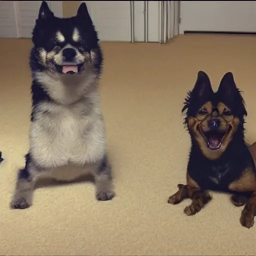 Prompt: Creepy paranormal footage of two dogs levitating