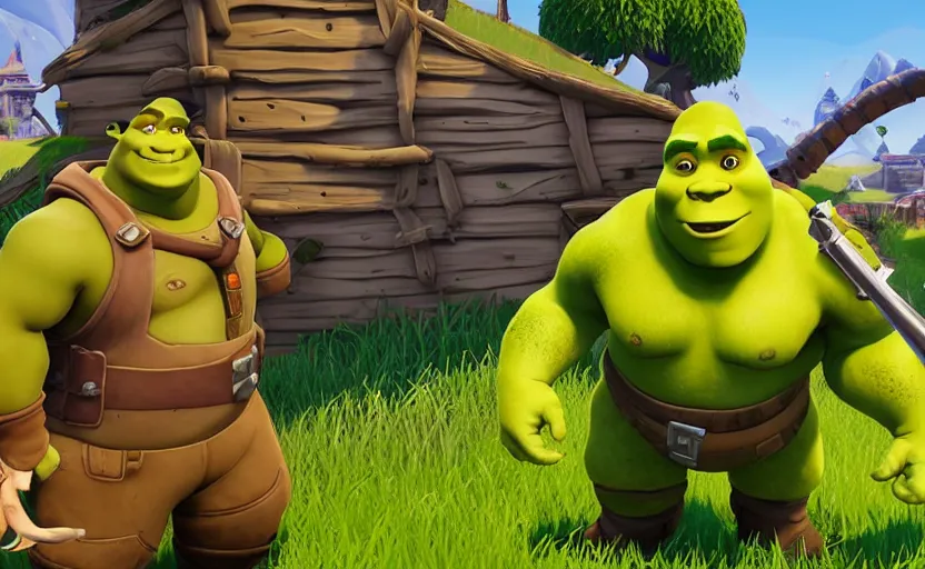 Prompt: screenshot of Shrek in Fortnite,
