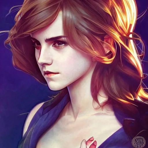 Image similar to emma watson perfect coloring, low saturation, epic composition, masterpiece, bold complimentary colors. stunning masterfully illustrated by artgerm, range murata, alphonse mucha, katsuhiro otomo
