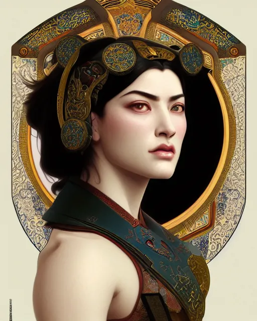 Image similar to portrait of a turkish masculine female stoya cyberpunk machine, machine face, upper half portrait, decorated with ottoman opera motifs, muscular, asian, fine china, wuxia, traditional chinese art, intricate intense elegant, highly detailed symmetry headpiece digital painting artstation concept art smooth sharp focus illustration, art by artgerm and greg rutkowski alphonse mucha 8 k