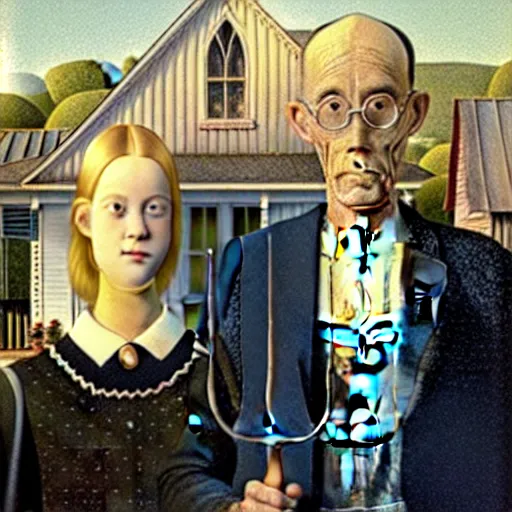 Image similar to Painting of Elle Fanning and Dakota fanning, American gothic style, by Grant Wood. 8K. Extremely detailed.