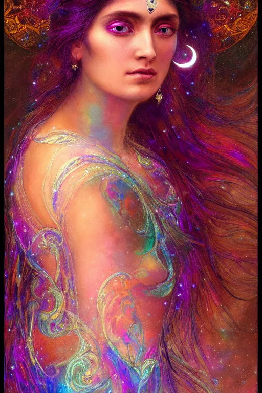 Image similar to full view portrait of an ethereal gypsy woman with detailed eyes, glowing face, floating in space with a half moon, photorealistic, colorful dress, in the style of ruan jia and gaston bussiere, holographic undertones, art nouveau galaxy background, intricate, flowing dress, smooth, sharp focus, dramatic lighting, illustration, hdr, artgerm