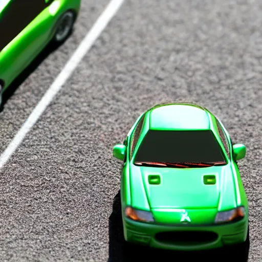 Image similar to a red haired woman driving a Jada toys mitsubishi eclipse green diecast car, high resolution macro photo, viewed through the cars window