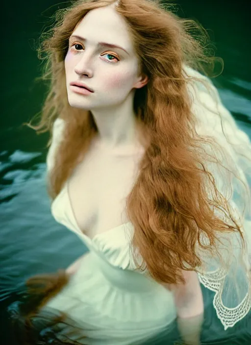 Image similar to Kodak Portra 400, 8K, soft light, volumetric lighting, highly detailed, britt marling style 3/4, extreme Close-up portrait photography of a beautiful woman how pre-Raphaelites, the hair floats on the water, a beautiful lace dress and hair are intricate with highly detailed realistic beautiful flowers , Realistic, Refined, Highly Detailed, natural outdoor soft pastel lighting colors scheme, outdoor fine art photography, Hyper realistic, photo realistic