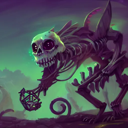 Prompt: cute skeleton animal creatures. hearthstone animal creatures, graveyard background, bright art masterpiece artstation. 8k, sharp high quality artwork in style of Jose Daniel Cabrera Pena and Greg Rutkowski, violet theme, concept art by Tooth Wu, hearthstone card game artwork