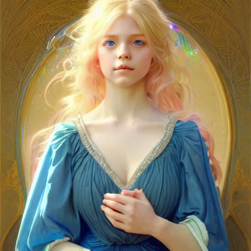 Prompt: portrait of magical little blond girl, dreamy and ethereal, blue eyes, peaceful expression, ornate frilly dress, fantasy, intricate, elegant, rainbow bubbles, highly detailed, digital painting, artstation, concept art, smooth, sharp focus, illustration, art by artgerm and greg rutkowski and alphonse mucha