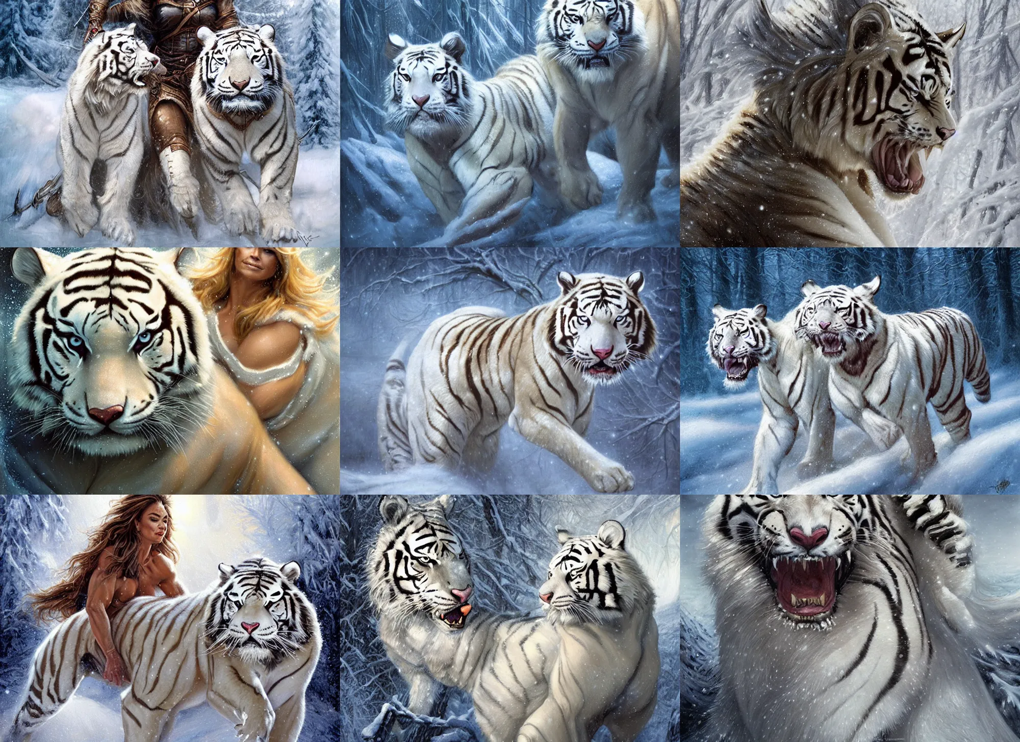 Image similar to face portrait of muscled Denise Richards riding a fierce large white tiger, wintery scene, snow storm, Donato Giancola, Mark Brooks, Ralph Horsley, Charlie Bowater, Artgerm, Christopher Balaskas, Bastien Lecouffe-Deharme