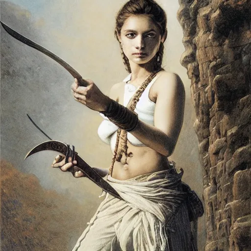 Image similar to artstation concept of a beautiful girl holding a sword in both hands, brown skin, sweaty skin, symmetrical face, casual white garment, brown canyon background, shiny colorful, hyperdetailed, artstation trending, world renowned artists, worth1000.com, historic artworks society, antique renewel, cgsociety, by greg rutkowski, by Gustave Dore, Deviantart