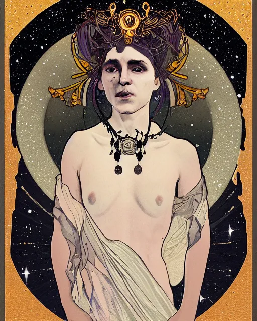 Prompt: a portrait of a galaxy as an androgynous druid spirit wearing five necklaces of moons and stars, wearing a glowing crown of black holes, black eyes and sclera, draped in transparent cloth, flat colors, occult, minimal, swirly, bust by alphonse mucha, decorative art nouveau border, astrophotography, vast cosmos, digital concept art, trending on artstation