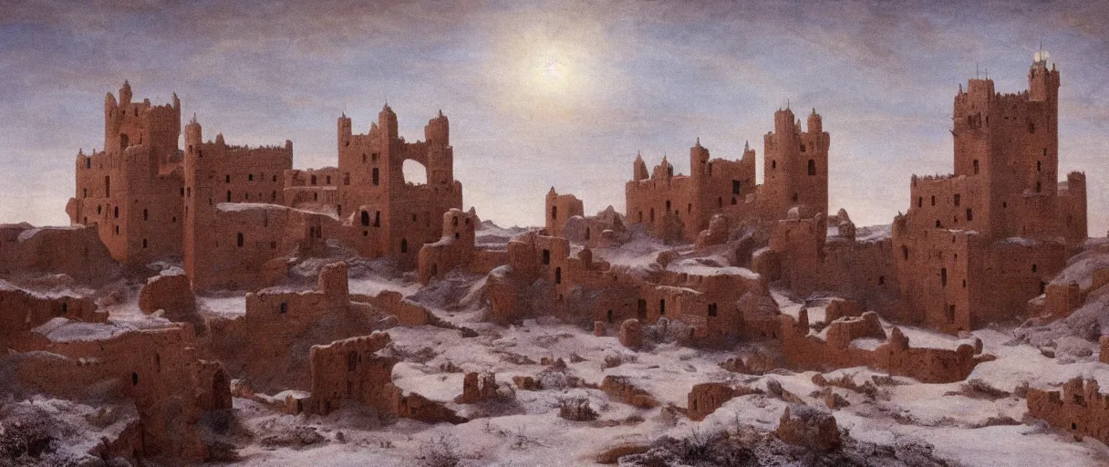 Image similar to an epic castle city standing in Sahara Desert in winter, warm lighting, by Michelangelo