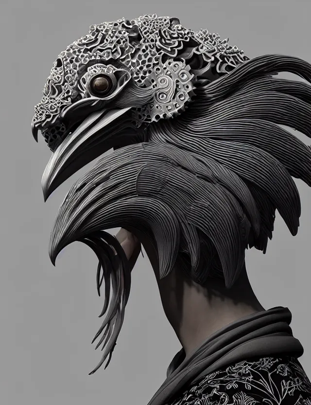 Image similar to 3 d hard surface modelling goddess close - up profile portrait with ram skull. beautiful intricately detailed japanese crow kitsune mask and clasical japanese kimono. betta fish, jellyfish phoenix, bio luminescent, plasma, ice, water, wind, creature, artwork by tooth wu and wlop and beeple and greg rutkowski