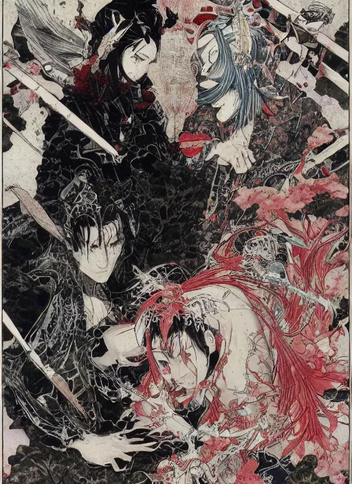 Image similar to battle between good and evil , battle between angels and demons, by and Takato Yamamoto and Yoshitaka Amano, high resolution, ultra detailed