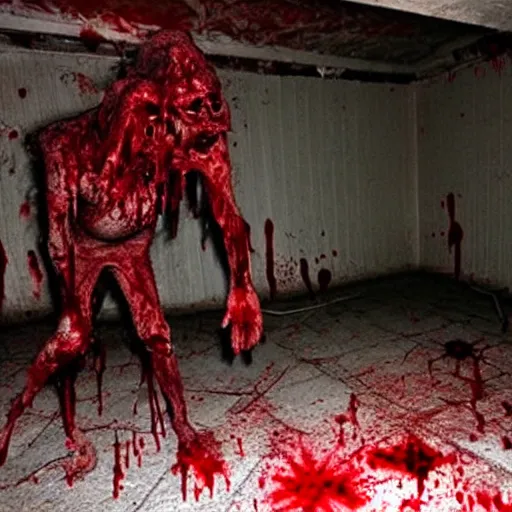 Prompt: terrifying found footage of a disturbing demon in a blood - soaked basement