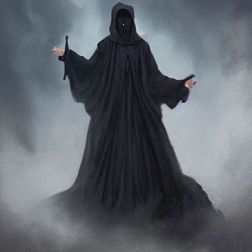 Prompt: a man in a black cloak standing in a hell pit, smoke spilling from his arms. in the style of greg hildebrandt, artstation, epic, fantasy, horror