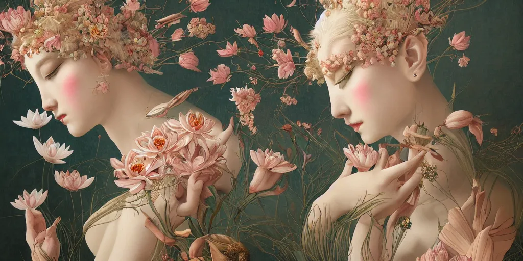 Prompt: breathtaking detailed concept art painting art deco pattern of blonde faces goddesses amalmation lotus flowers with anxious piercing eyes and blend of flowers and birds, by hsiao - ron cheng and john james audubon, bizarre compositions, exquisite detail, extremely moody lighting, 8 k