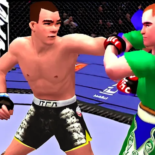 Prompt: character screenshot of ufc fighter colby covington in ocarina of time, n 6 4 graphics, field, sd video, legend of zelda, dialog text