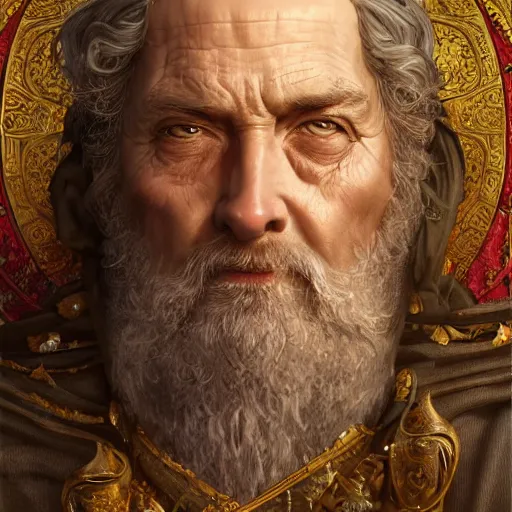 Image similar to ultra realistic illustration of a medieval old king, intricate, elegant, highly detailed, digital painting, artstation, concept art, smooth, sharp focus, illustration, art by artgerm and greg rutkowski and alphonse mucha