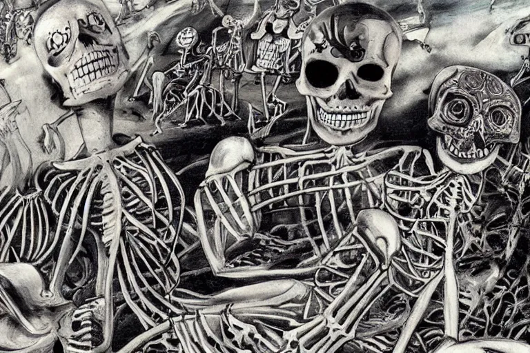 Image similar to scene from surfing, day of the dead, cyber skeleton, neon painting by otto dix