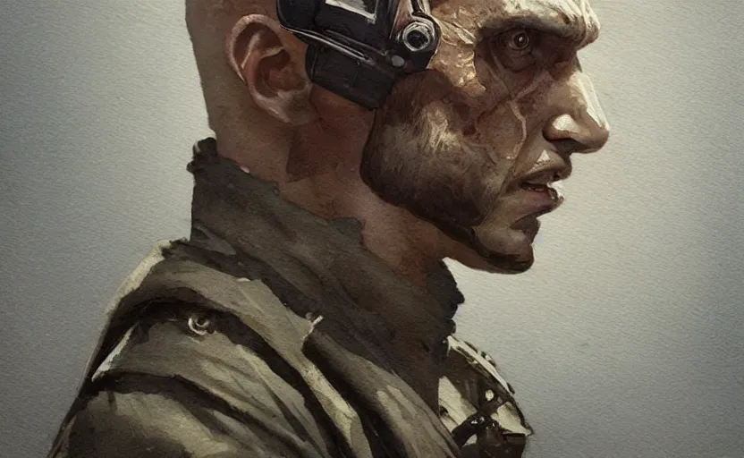 Image similar to a painting of gunny poe trending on artstation in the style of greg rutkowski, 3 d, watercolor, beautiful, hawk, young, portrait, wolfenstein