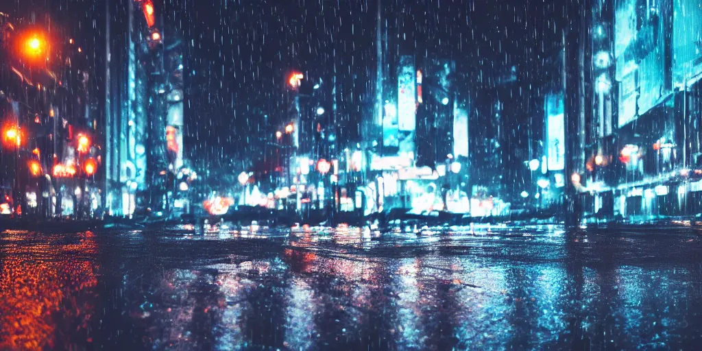 Image similar to a city street at night, raining, photograph, cars on the road, cyberpunk, sharp focus