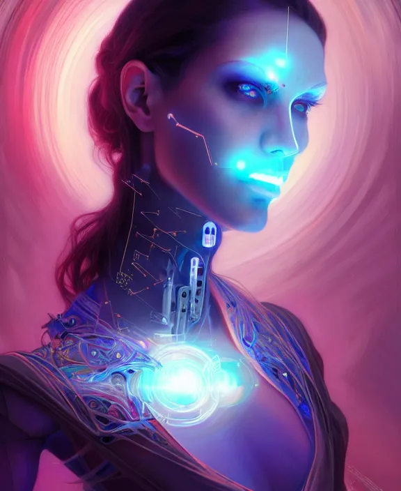 Prompt: a whirlwind of souls rushing inside the metaverse, hologram, half body, piercing, neurochip, shaved temple, jewelry, android, cyborg, cyberpunk face, by loish, d & d, fantasy, intricate, elegant, highly detailed, colorful, digital painting, artstation, concept art, art by artgerm and greg rutkowski and alphonse mucha