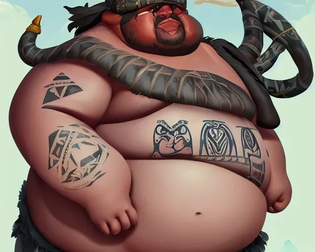 Prompt: sea of thieves character portrait concept art for an obese chubby huge tribal native man with polynesian tattoos on his face and a nose ring, cgsociety, trending on artstation, rare ltd,