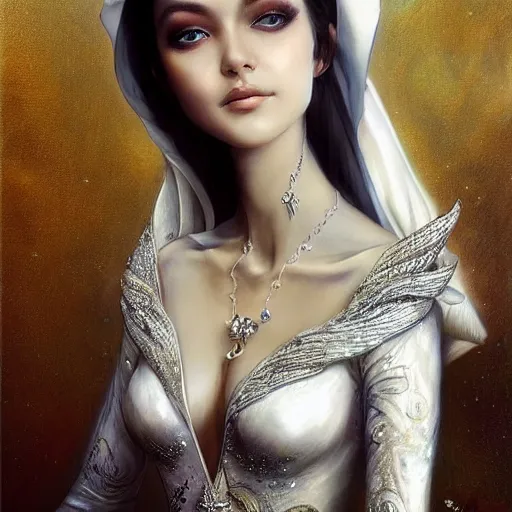 Prompt: a beautiful woman wearing a white dress made of silver with jewelry and diamonds by karol bak, ayami kojima, artgerm, sakimichan, arabian beauty, blue eyes, smile, concept art, fantasy