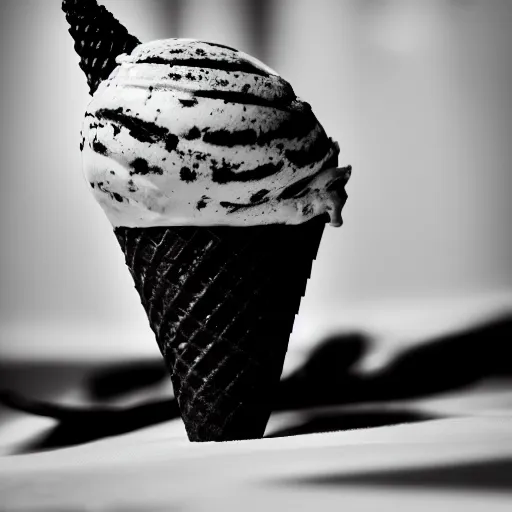 Prompt: a dramatic black-and-white macro photograph of an ice cream cone dressed in formal wear, ready for the banquet. Shallow depth-of-field.