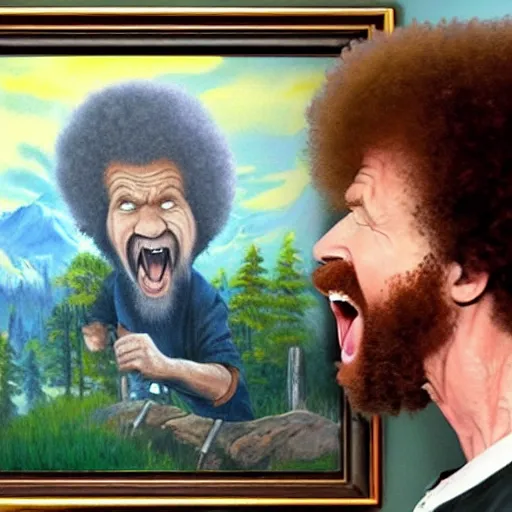 Image similar to insanely angry bob ross screaming at an ugly painting