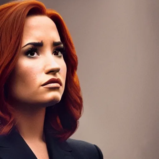 Image similar to close-up of Demi Lovato as Dana Scully with brown hair in an X-Files movie directed by Christopher Nolan, movie still frame, promotional image, imax 35 mm footage