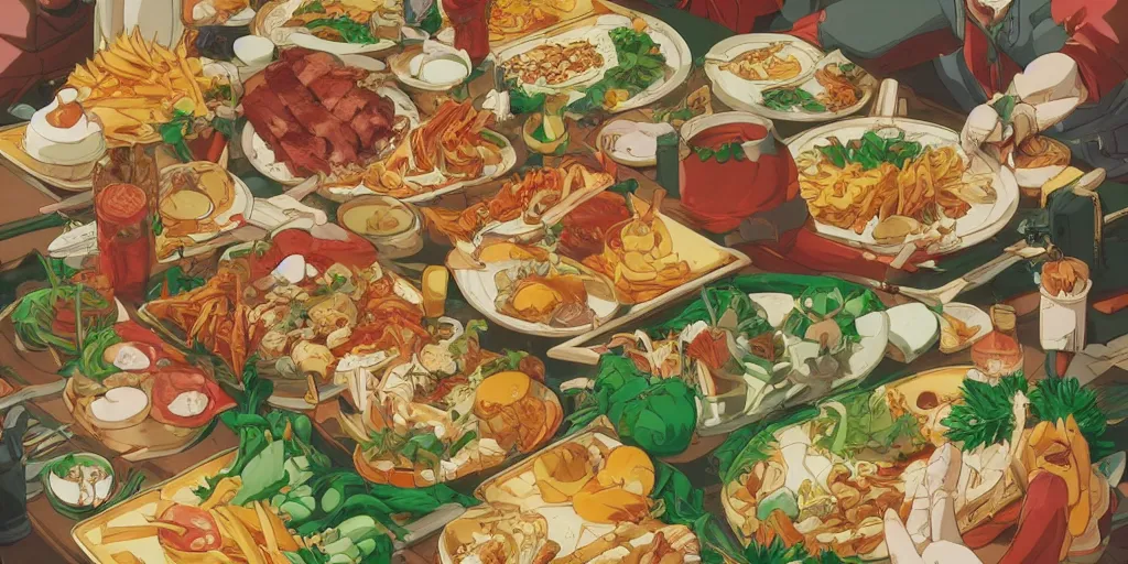 Image similar to A feast for a king, very detailed, anime, Delicious, Plump, Juicy, Hot Food, large white border, hd, high resolution print :1 Red, Gold and Green by Sachin Teng, Hayao Miyazaki, Nausicaa, studio Ghibli style, Anime wallpaper, cell shading, trending on deviant art :1