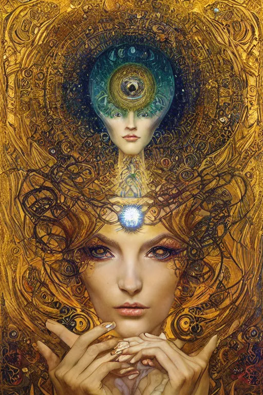 Image similar to Visions of Paradise by Karol Bak, Jean Deville, Gustav Klimt, and Vincent Van Gogh, visionary, otherworldly, fractal structures, ornate gilded medieval icon, third eye, spirals