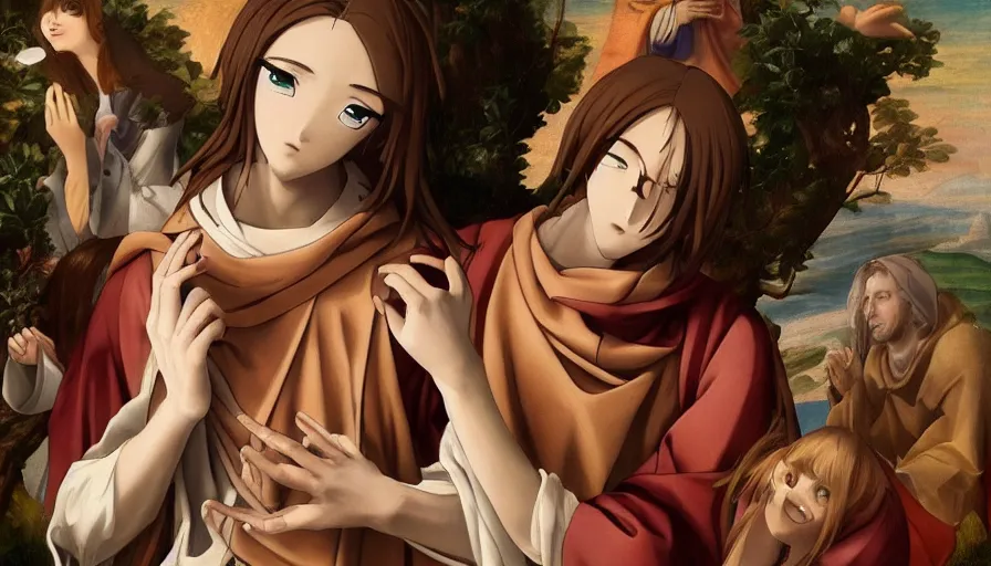 Image similar to jesus christ our lord and savior blessing a cute anime gir, photorealistic, anime, renaissance painting, hyper real, detailed, wide angle shot