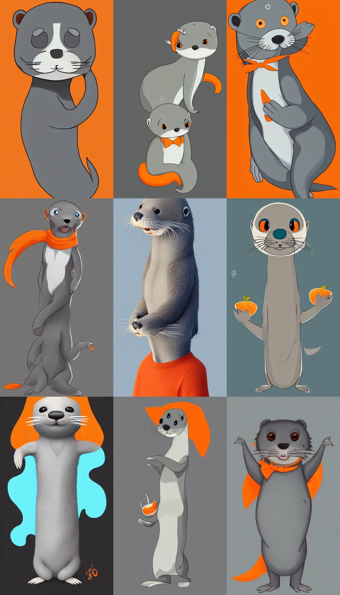 Prompt: male grey anthropomorphic grey otter with turquoise hair and orange nose and white tummy, artstation, anime