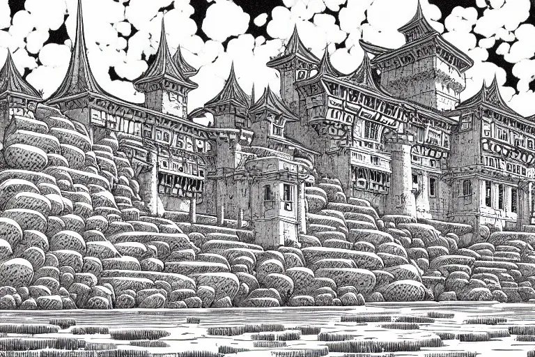 Prompt: establishing shot of a late renaissance castle on an island, key visual with intricate linework, in the style of moebius, ayami kojima, 9 0's anime, retro fantasy, studio ghibli