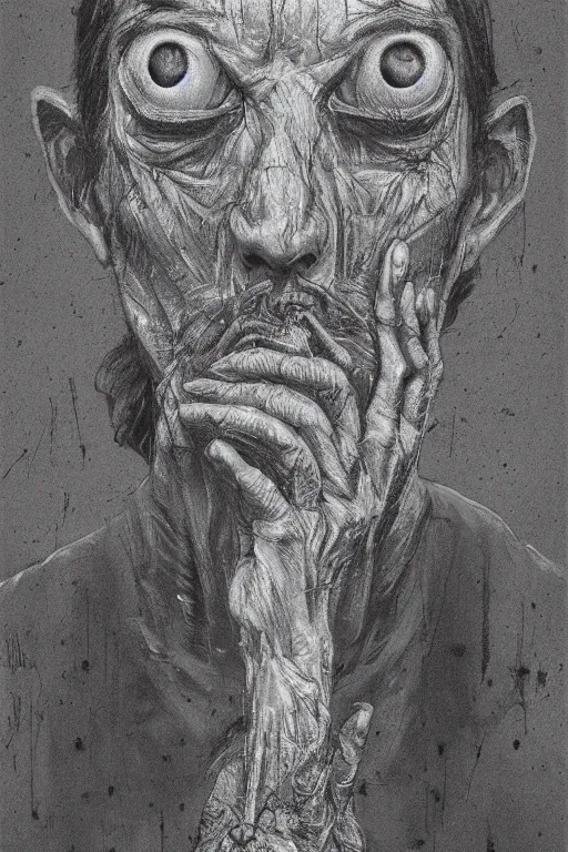 Image similar to crayon cartoon grunge portrait of man waiting for the bus . intricate artwork. nightmare fuel. terrifying. by zdzisław Beksiński, wlop, dan mumford , trending on artstation, greg rutkowski very coherent symmetrical artwork. cinematic, hyper realism, high detail, octane render, 8k