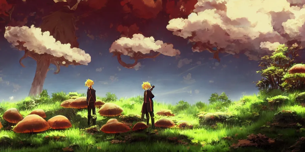 Prompt: isekai masterpiece anime boy standing tree log looking up at giant mushrooms, high noon, cinematic, very warm colors, intense shadows, layered stratocumulus clouds, anime illustration, anime screenshot composite background, red, green, cyan, and hints of purple grunge aesthetic gradients, ink splatter